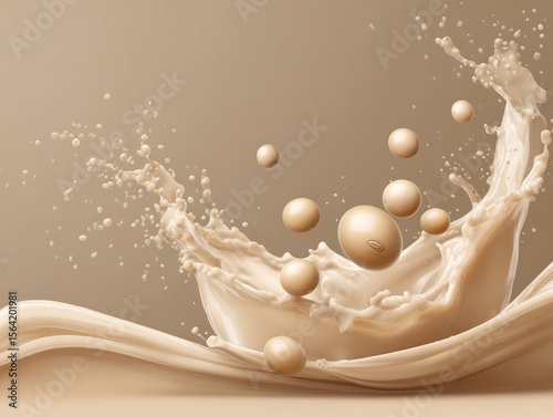 Elegant Splash of Creamy Liquid with Droplets Against Beige Background