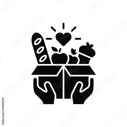 Hands holding a donation box filled with food and a glowing heart symbol