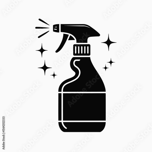 Black silhouette of a spray bottle with cleaning liquid and sparkling stars