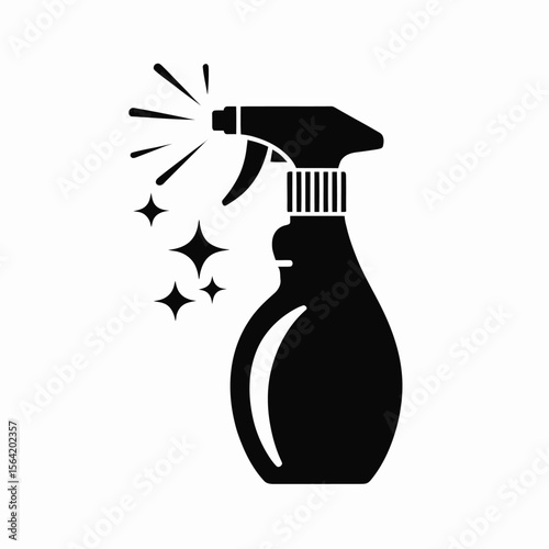 Black silhouette of a spray bottle emitting cleaning liquid and sparkles