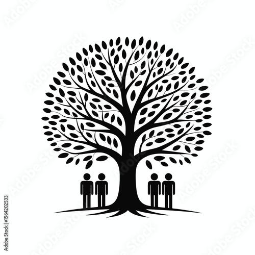 Stylized black tree with four simple figures standing beneath its branches
