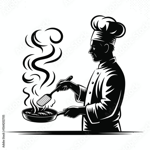 Silhouette of a chef cooking food in a pan with steam rising