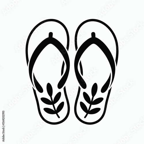 Black and white graphic illustration of flip flops with leaf design