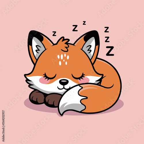 Cartoon of a sleeping fox curled up with zzz symbols on a light pink background