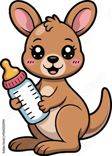 Cartoon kangaroo holding a baby bottle with a cute expression on a white background