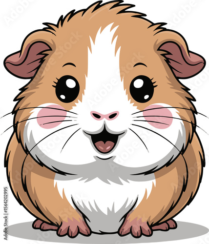 Cartoon guinea pig with brown and white fur and big eyes on a white background