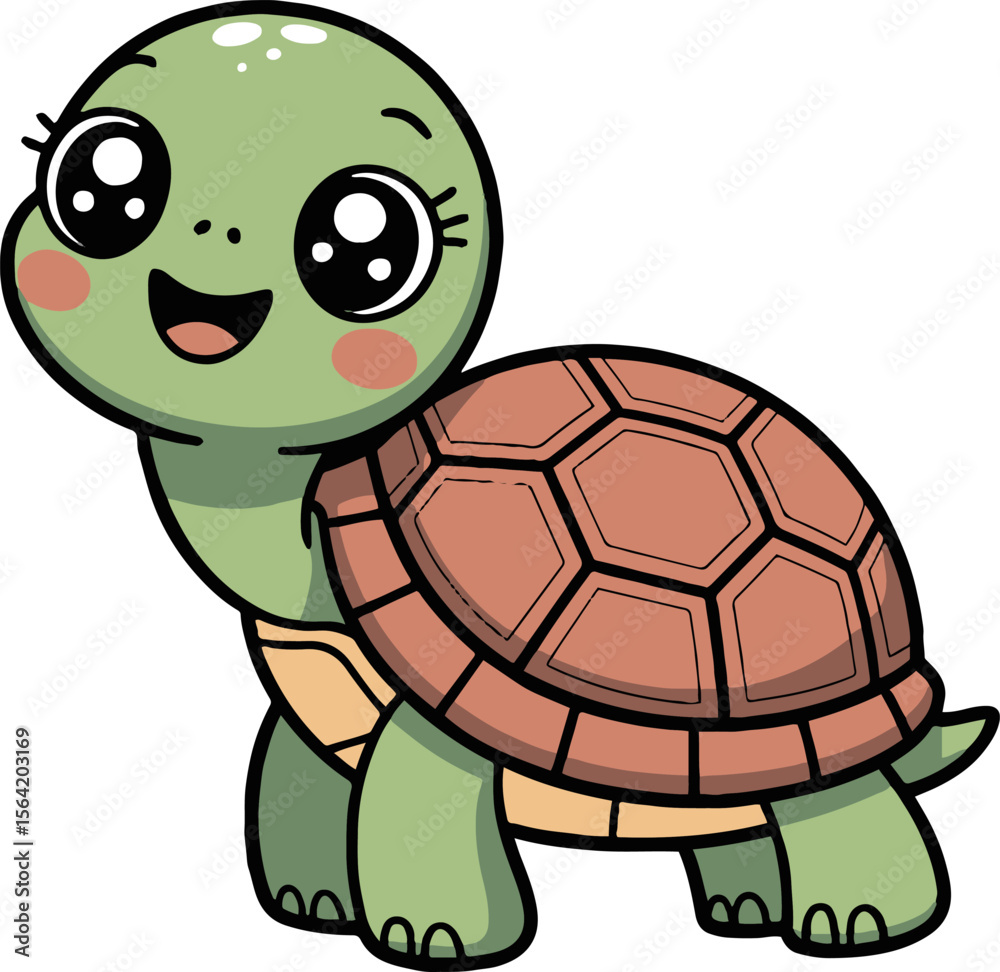 Fototapeta premium Cartoon turtle with big eyes and a smile standing on a white background in a digital vector