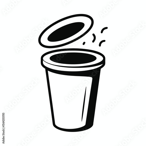 Stylized black and white illustration of an open cup with a lid and splashes