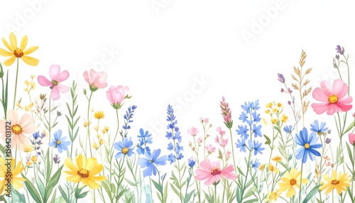 Wildflower Meadow Border Hand Drawn. Watercolor Flower Frame Background