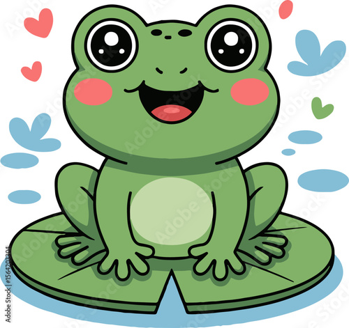 A cartoon frog with big eyes sitting on a lily pad surrounded by hearts and water droplets design