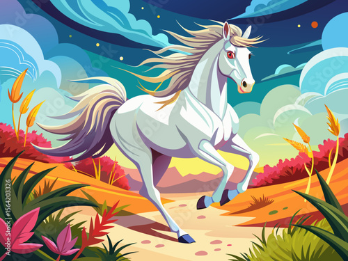 vector of A picture of a beautiful white horse galloping.