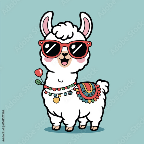 Cartoon llama wearing sunglasses and a colorful saddle with a flower on a light blue background