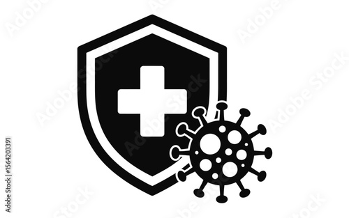 Shield with medical cross protecting against virus symbol concept
