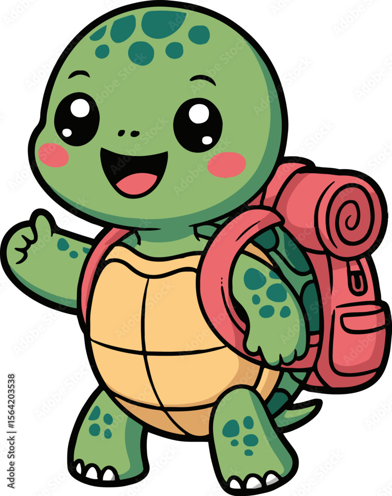 Fototapeta premium A cartoon turtle with a pink backpack giving a thumbs up and smiling on a white background isolated