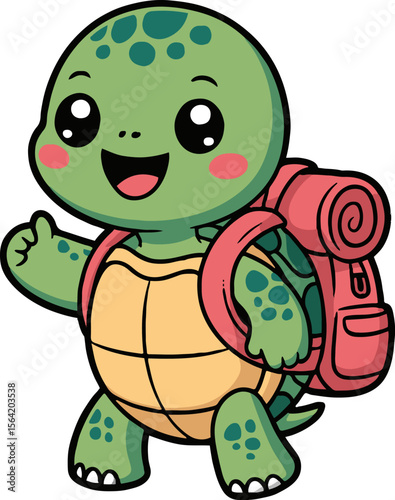 A cartoon turtle with a pink backpack giving a thumbs up and smiling on a white background isolated