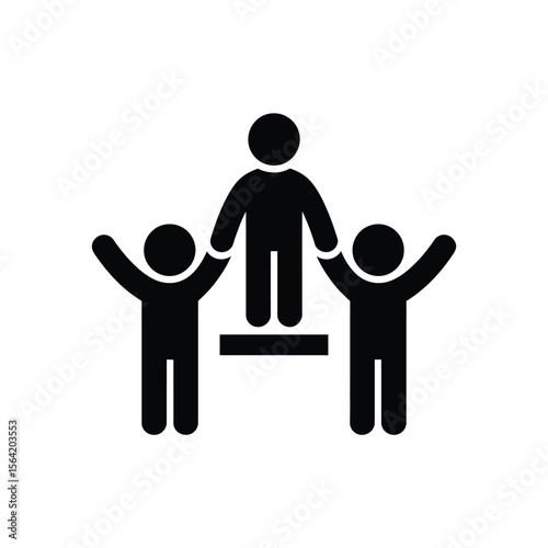 Three stylized figures in black one standing on a podium with two others holding hands