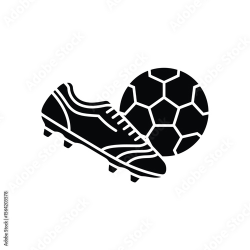 Black and white graphic icon of a soccer ball and a cleat shoe