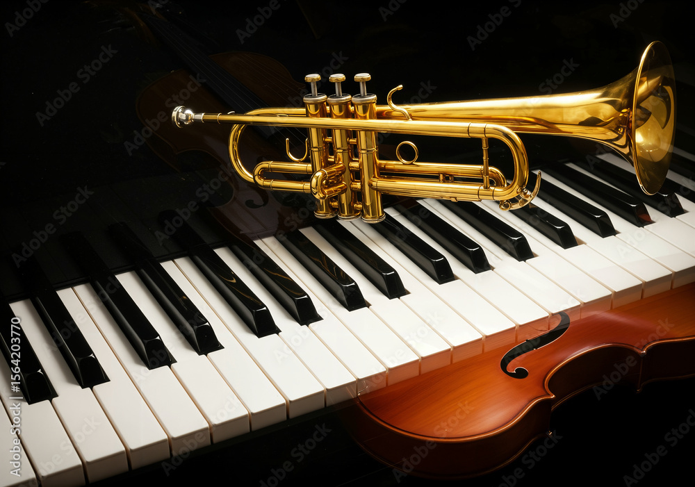 Naklejka premium A golden trumpet rests on a piano keyboard, with a violin visible in the foreground.