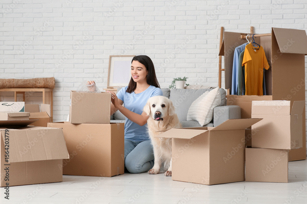 Fototapeta premium Young happy woman and cute Labrador dog with boxes on moving day sitting at home