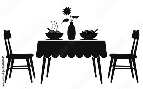 Silhouette of a dining table set for two with food and a flower