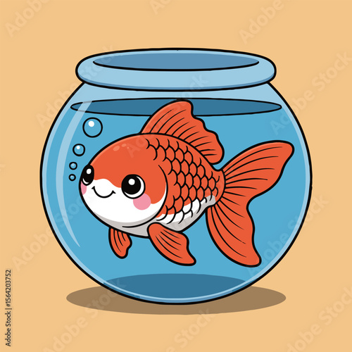 A cartoon goldfish swimming in a blue fishbowl with bubbles and a light tan colored background art