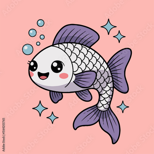 Cartoon fish with purple fins and bubbles on a pink background with sparkling stars around it