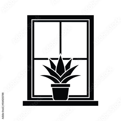 Black silhouette of a potted plant on a windowsill in front of a window