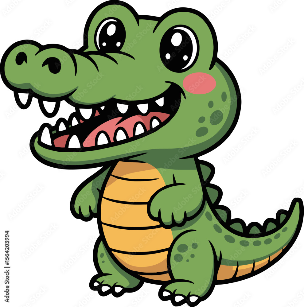 Obraz premium Cartoon vector of a happy green alligator with big eyes and a wide smile standing upright