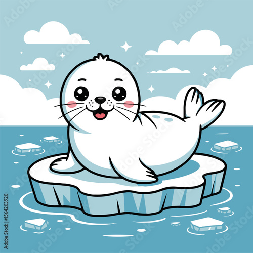 A cartoon seal on an ice floe with a blue background and white clouds and ice chunks in the water