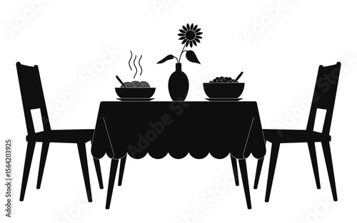 Silhouette of a dining table set for two with food and a sunflower
