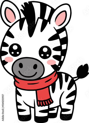 Cartoon zebra with a red scarf standing on a white background in a cute and simple vector