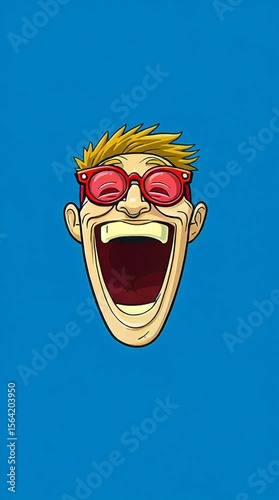 Joyful Laughing Face: A whimsical illustration of a cheerful, laughing face with sunglasses on a bright blue background, creating a playful and upbeat mood.