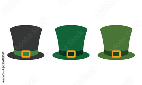 A vector illustration of three leprechaun-style hats in black and green shades with gold buckles. Ideal for St. Patrick’s Day designs, festive graphics, costume themes, or seasonal celebrations.