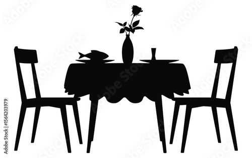 Silhouette of a romantic dinner table setting with two chairs and a rose