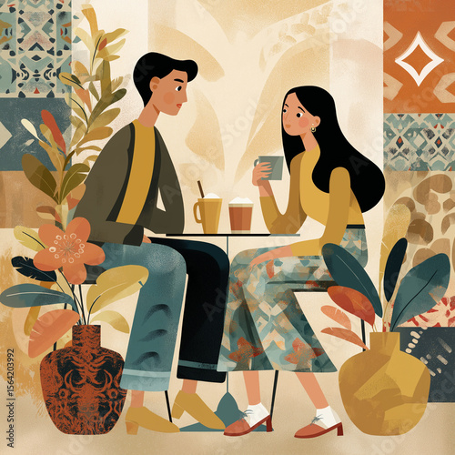 Young couple enjoying drinks and conversation in a cozy cafe  