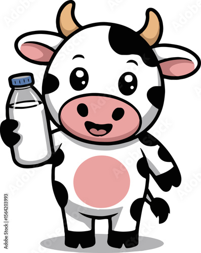 Cartoon cow holding a bottle of milk with black spots and horns on a white background vector