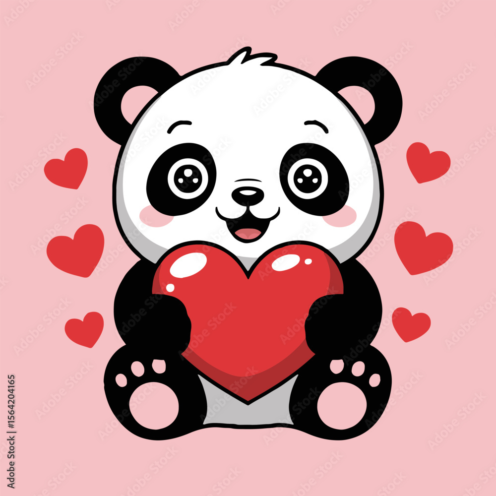 Obraz premium Cartoon panda holding a red heart with pink background and floating hearts around the panda bear image