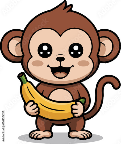 Cute cartoon monkey holding a yellow banana with big eyes and a happy smile on a white background