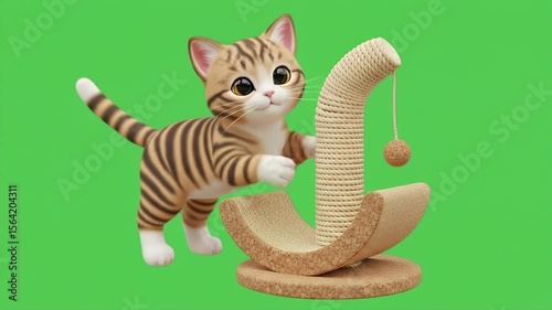 Cute Striped Kitten Playing with Scratching Post on Green Background