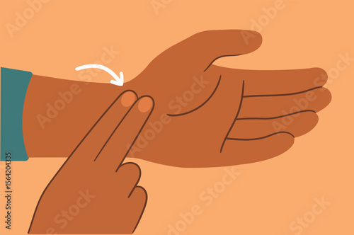 checking the pulse on the wrist.
A close-up of a hand measuring the pulse on the inside of the wrist with two fingers. a way to independently control your heartbeat and take care of your health.