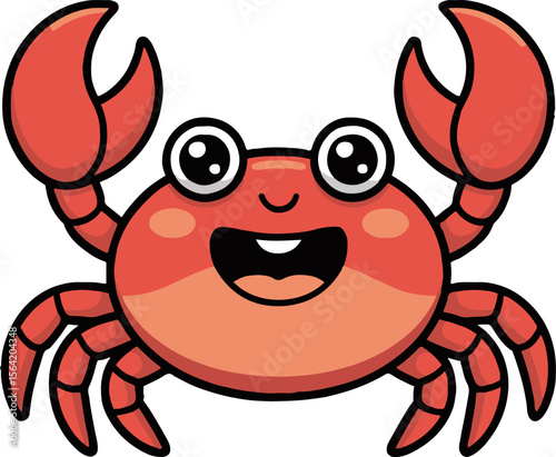 Cartoon vector of a happy red crab with large claws and big eyes on a white background