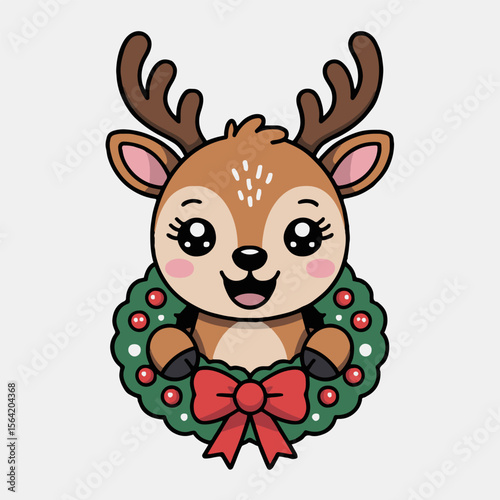 A cute cartoon reindeer holding a christmas wreath with a red bow on a white background image