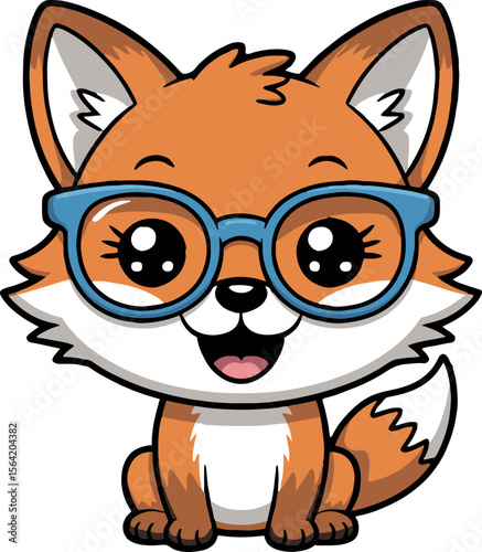 Cartoon fox with glasses sitting and smiling on a white background with a fluffy tail visible
