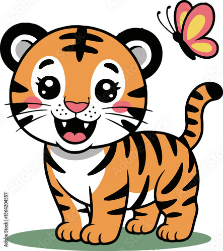 Cartoon tiger cub standing on grass with a butterfly flying next to it on a white background