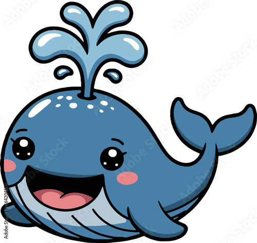 Cartoon blue whale with water spout smiling happily on a white background in a digital vector