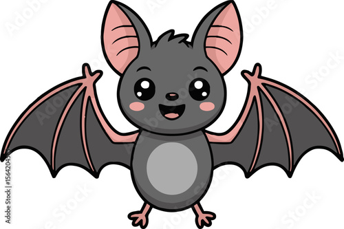 Cartoon bat with pink ears and wing accents smiling cheerfully on a white isolated background