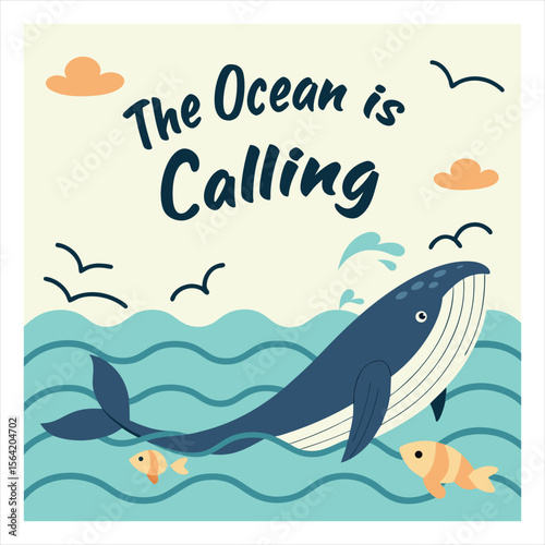 Whale breaching the ocean waves with birds flying and clouds overhead