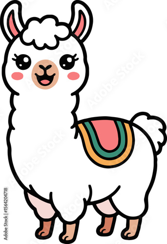 vector of a cute cartoon llama with a colorful saddle standing on a white background