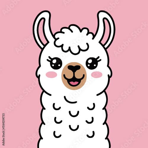 A cartoon llama with white fur and a pink background looking directly at the viewer with a smile on its face
