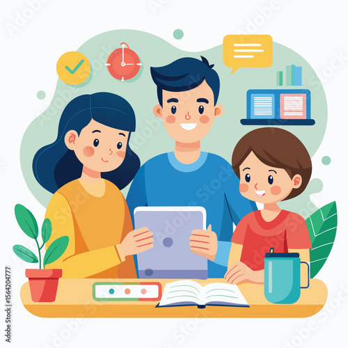 Family studying together with tablet and textbook in a vector illustration